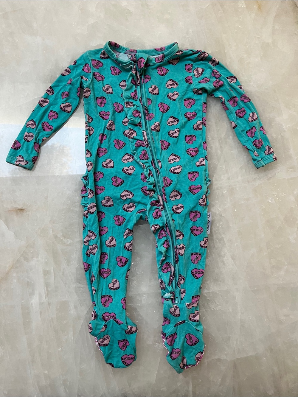 Kids Turquoise Heart-Print Footed One-Piece Pajama Valentines